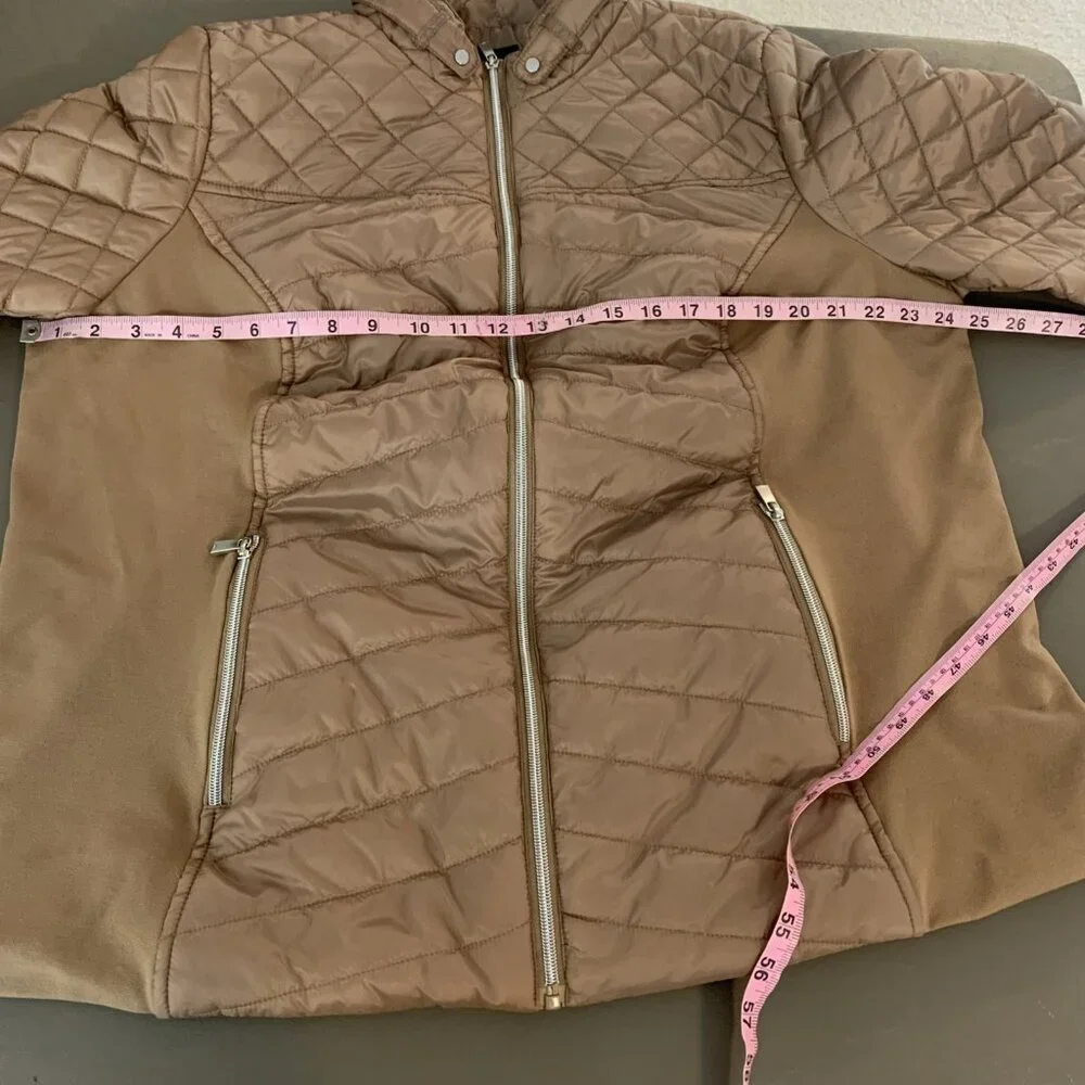 Susan Graver Womens XL Quilted Jacket Ponte Side Panels Zip Pockets Tan Puffer - Picture 12 of 14